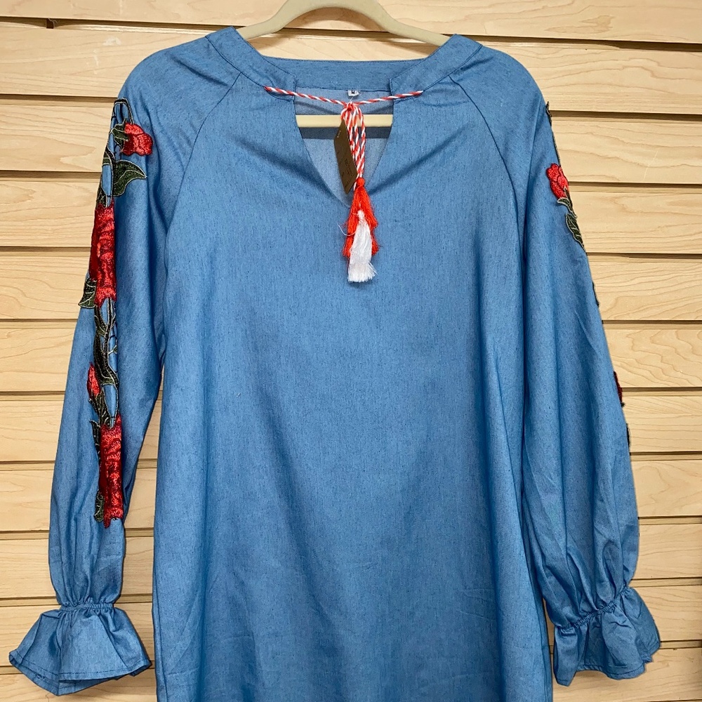 Jean Dress with Floral Sleeves